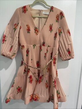 Zimmermann Blush Pink Floral V-Neck Pleated Mini Dress